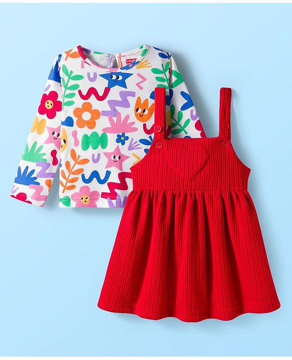 Babyhug Cotton Knit Full Sleeves Inner Tee & Frock With Floral & Star Print - Red & White