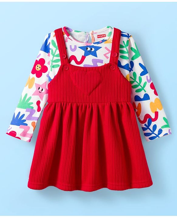 Babyhug Cotton Knit Full Sleeves Inner Tee & Frock With Floral & Star Print - Red & White