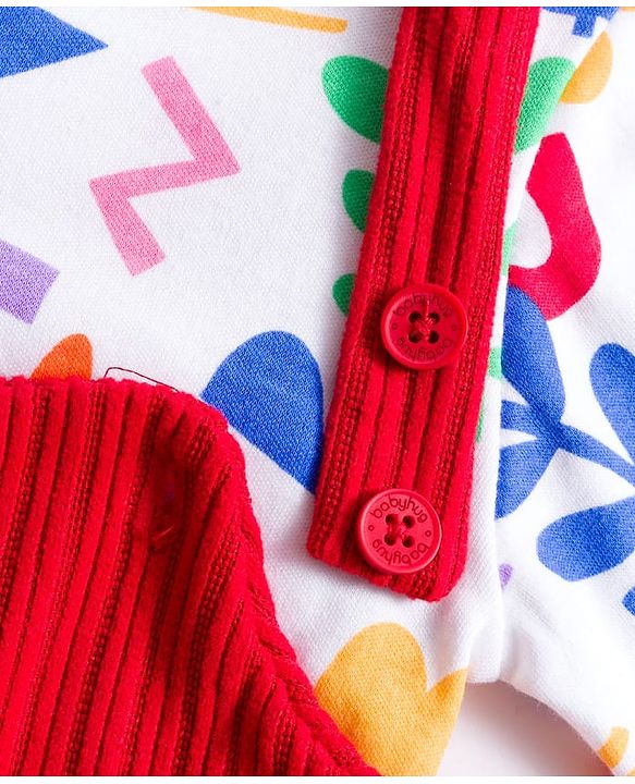 Babyhug Cotton Knit Full Sleeves Inner Tee & Frock With Floral & Star Print - Red & White