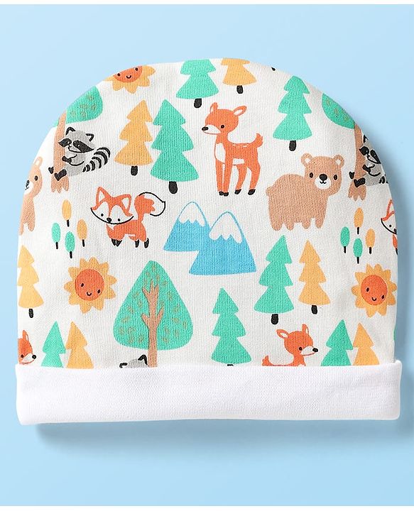 Babyhug 100% Cotton Interlock Knit Cap Mittens & Booties Set With Animal Print White - Diameter 9 cm