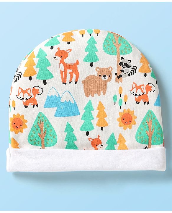Babyhug 100% Cotton Interlock Knit Cap Mittens & Booties Set With Animal Print White - Diameter 9 cm