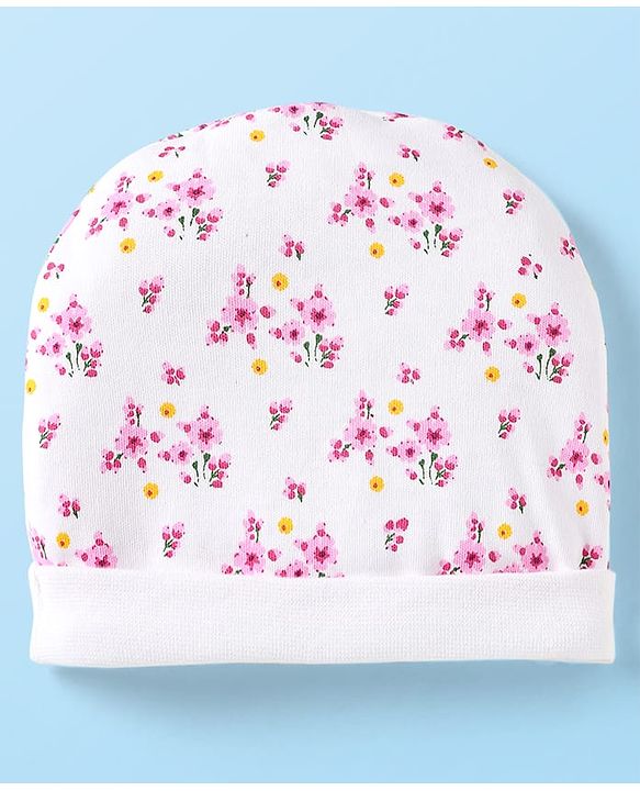 Babyhug 100% Cotton Cap Mittens & Booties Set With Floral Print White & Pink - Diameter 9 cm