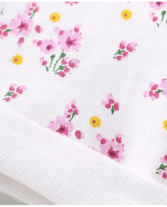 Babyhug 100% Cotton Cap Mittens & Booties Set With Floral Print White & Pink - Diameter 9 cm