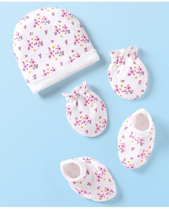 Babyhug 100% Cotton Cap Mittens & Booties Set With Floral Print White & Pink - Diameter 9 cm