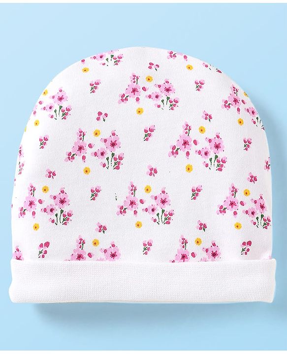 Babyhug 100% Cotton Cap Mittens & Booties Set With Floral Print White & Pink - Diameter 9 cm