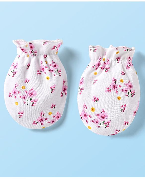 Babyhug 100% Cotton Cap Mittens & Booties Set With Floral Print White & Pink - Diameter 9 cm