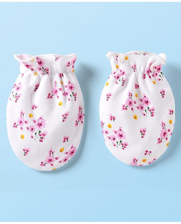 Babyhug 100% Cotton Cap Mittens & Booties Set With Floral Print White & Pink - Diameter 9 cm