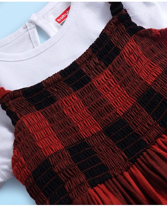Babyhug Cotton Woven Checkered Frock with Full Sleeves Inner Tee - Red & White