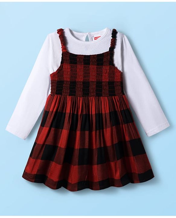 Babyhug Cotton Woven Checkered Frock with Full Sleeves Inner Tee - Red & White