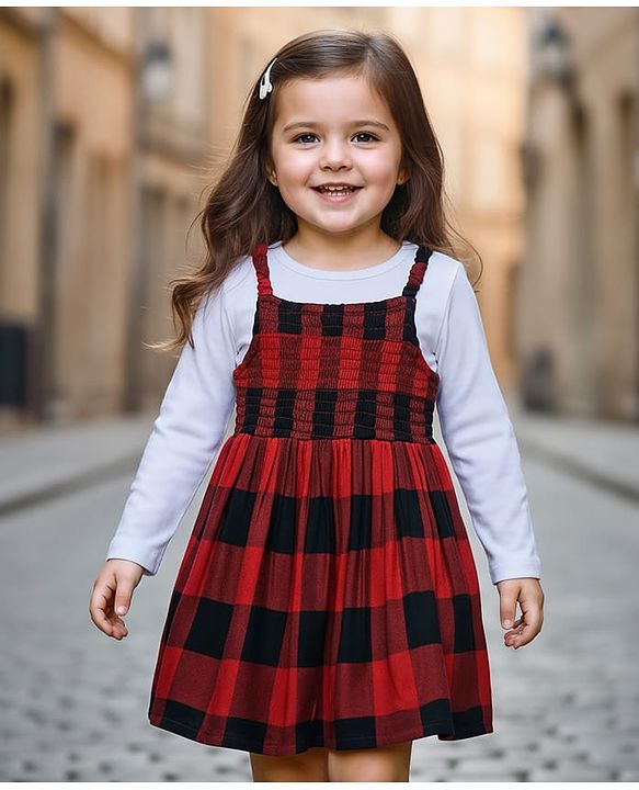 Babyhug Cotton Woven Checkered Frock with Full Sleeves Inner Tee - Red & White