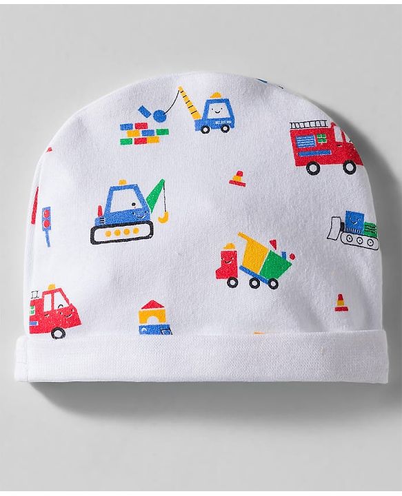 Babyhug 100% Cotton Interlock Knit Cap Mittens & Booties Set With Vehicle Print White - Diameter 9 cm