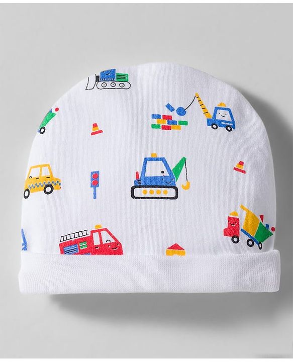 Babyhug 100% Cotton Interlock Knit Cap Mittens & Booties Set With Vehicle Print White - Diameter 9 cm