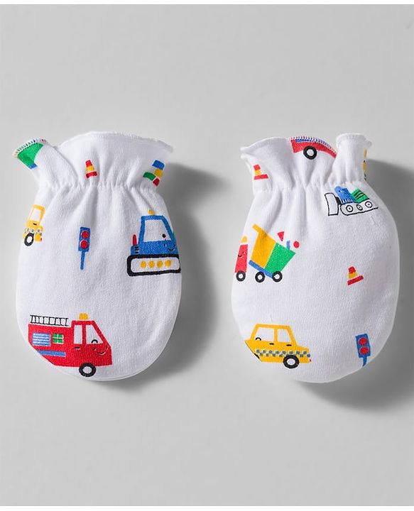 Babyhug 100% Cotton Interlock Knit Cap Mittens & Booties Set With Vehicle Print White - Diameter 9 cm