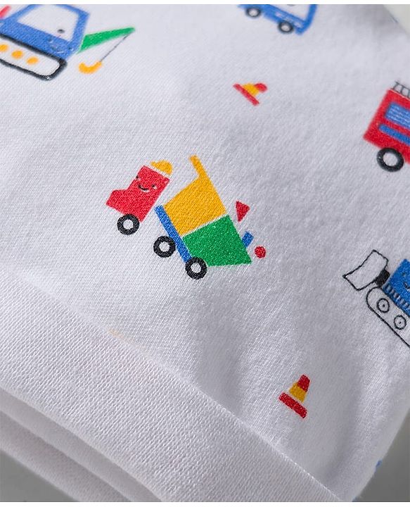 Babyhug 100% Cotton Interlock Knit Cap Mittens & Booties Set With Vehicle Print White - Diameter 9 cm
