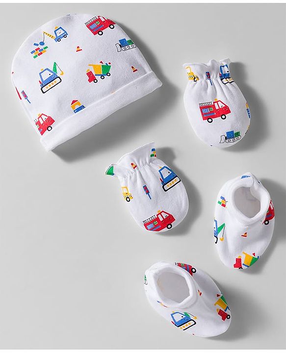 Babyhug 100% Cotton Interlock Knit Cap Mittens & Booties Set With Vehicle Print White - Diameter 9 cm