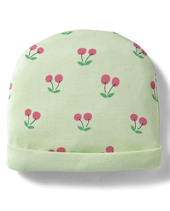 Babyhug 100% Cotton Interlock Knit Cap Mittens & Booties Set With Cherry Print Green - Diameter 16 cm