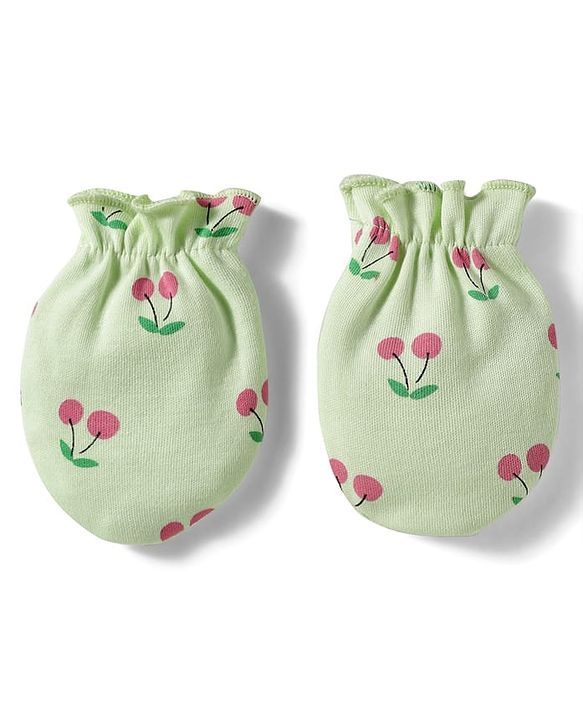 Babyhug 100% Cotton Interlock Knit Cap Mittens & Booties Set With Cherry Print Green - Diameter 16 cm