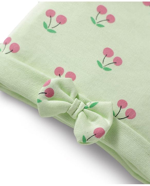Babyhug 100% Cotton Interlock Knit Cap Mittens & Booties Set With Cherry Print Green - Diameter 16 cm