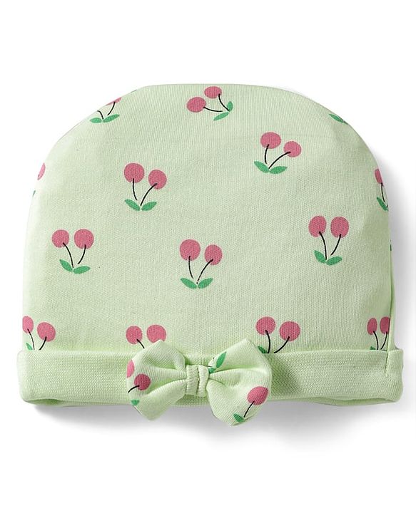 Babyhug 100% Cotton Interlock Knit Cap Mittens & Booties Set With Cherry Print Green - Diameter 16 cm