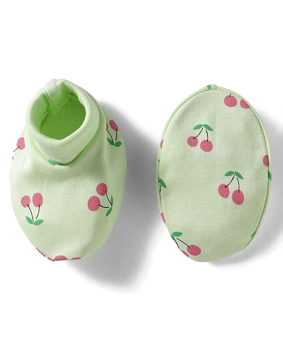 Babyhug 100% Cotton Interlock Knit Cap Mittens & Booties Set With Cherry Print Green - Diameter 16 cm