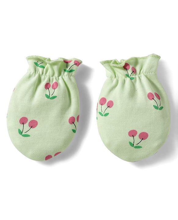 Babyhug 100% Cotton Interlock Knit Cap Mittens & Booties Set With Cherry Print Green - Diameter 16 cm
