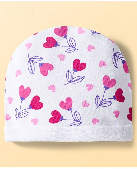 Babyhug 100% Cotton Interlock Knit Cap Mittens & Booties Set With Heart Print White - Diameter 9 cm