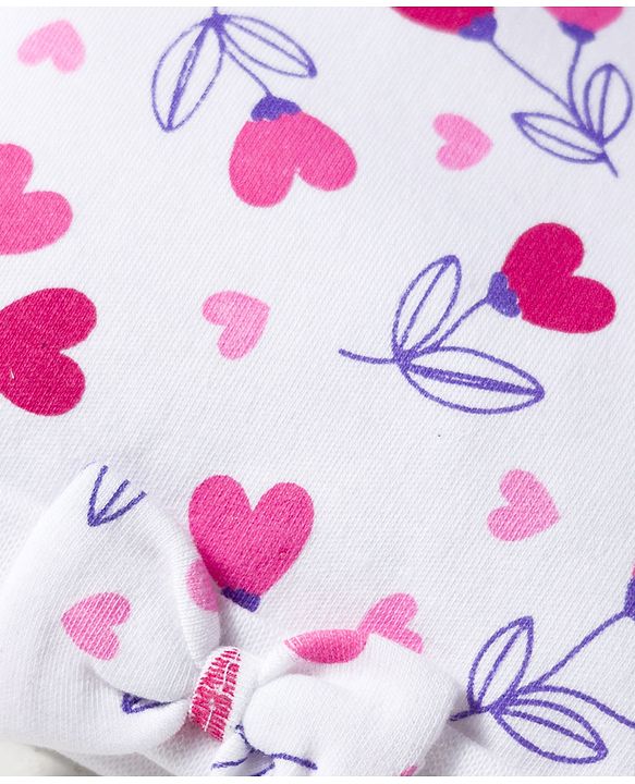 Babyhug 100% Cotton Interlock Knit Cap Mittens & Booties Set With Heart Print White - Diameter 9 cm