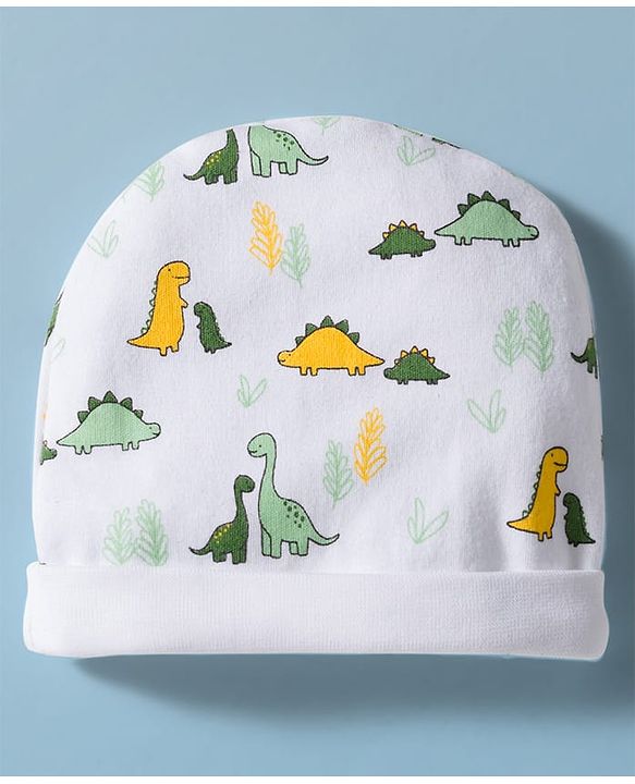 Babyhug 100% Cotton Cap Mittens & Booties Set With Dino Print White - Diameter 9 cm