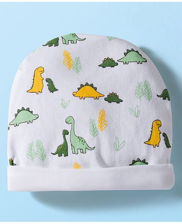 Babyhug 100% Cotton Cap Mittens & Booties Set With Dino Print White - Diameter 9 cm