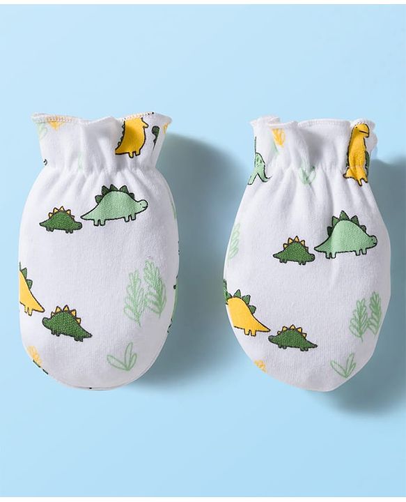 Babyhug 100% Cotton Cap Mittens & Booties Set With Dino Print White - Diameter 9 cm