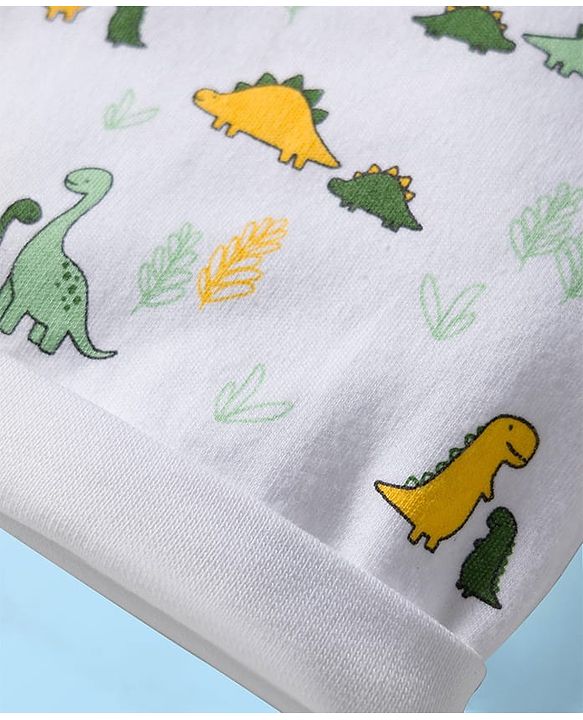 Babyhug 100% Cotton Cap Mittens & Booties Set With Dino Print White - Diameter 9 cm
