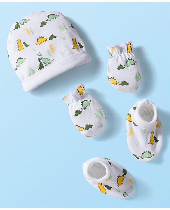 Babyhug 100% Cotton Cap Mittens & Booties Set With Dino Print White - Diameter 9 cm