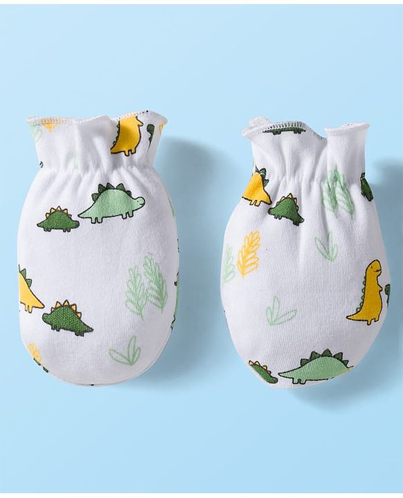 Babyhug 100% Cotton Cap Mittens & Booties Set With Dino Print White - Diameter 9 cm