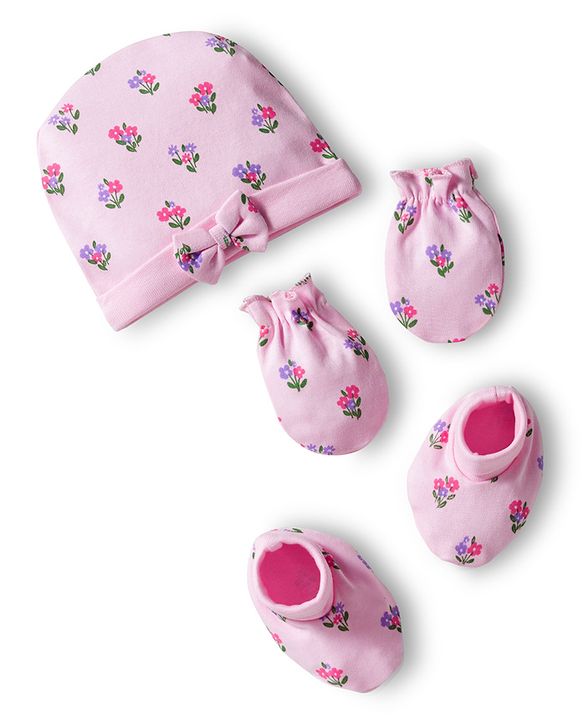 Babyhug 100% Cotton Interlock Knit Cap Mittens & Booties Set With Floral Print Pink - Diameter 9.5 cm