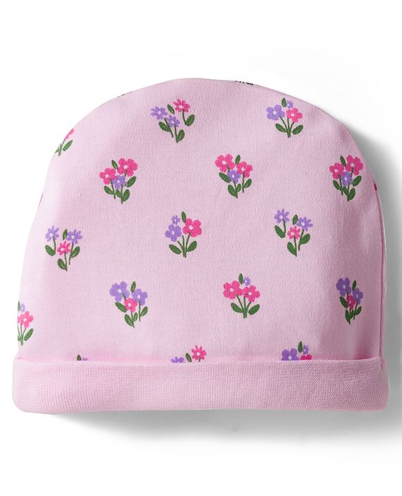 Babyhug 100% Cotton Interlock Knit Cap Mittens & Booties Set With Floral Print Pink - Diameter 9.5 cm