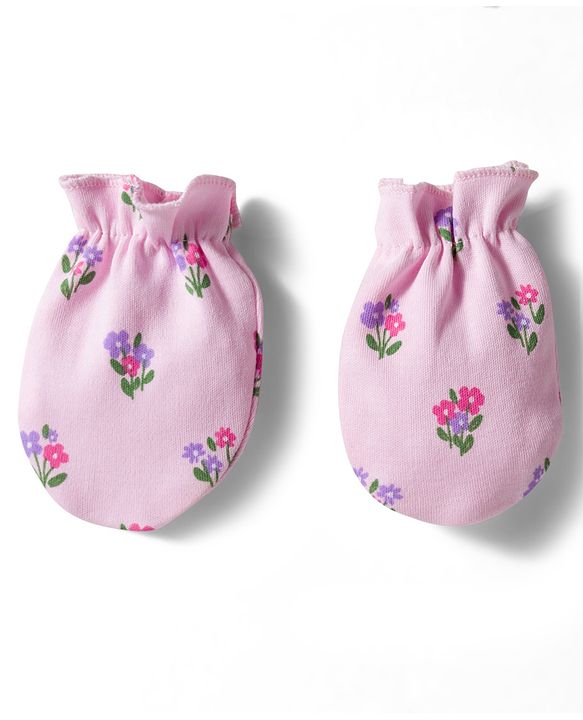 Babyhug 100% Cotton Interlock Knit Cap Mittens & Booties Set With Floral Print Pink - Diameter 9.5 cm