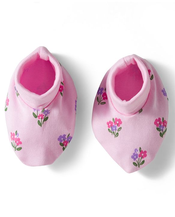 Babyhug 100% Cotton Interlock Knit Cap Mittens & Booties Set With Floral Print Pink - Diameter 9.5 cm