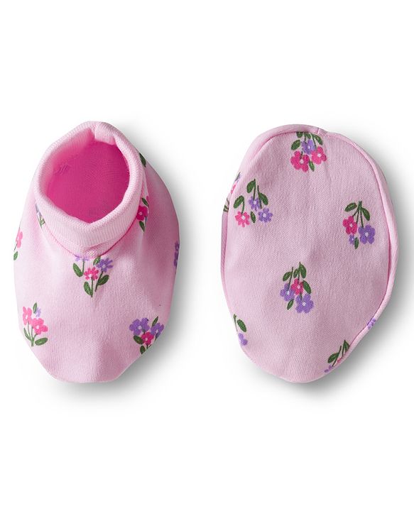 Babyhug 100% Cotton Interlock Knit Cap Mittens & Booties Set With Floral Print Pink - Diameter 9.5 cm