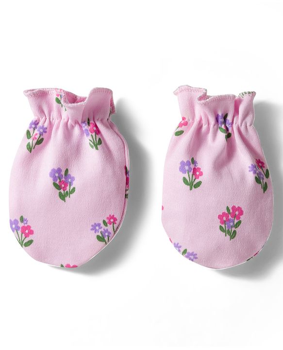 Babyhug 100% Cotton Interlock Knit Cap Mittens & Booties Set With Floral Print Pink - Diameter 9.5 cm