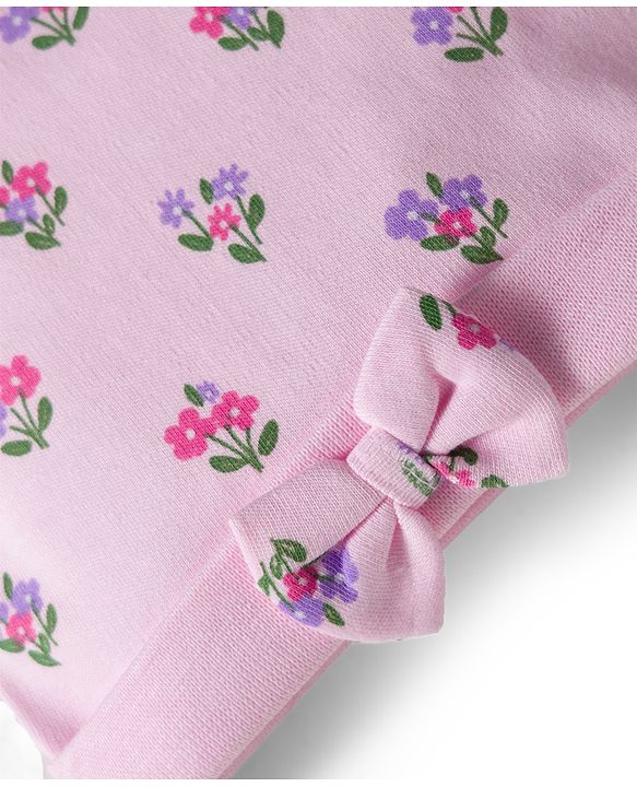 Babyhug 100% Cotton Interlock Knit Cap Mittens & Booties Set With Floral Print Pink - Diameter 9.5 cm