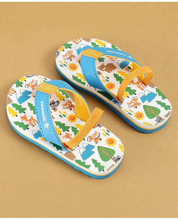 Cute Walk by Babyhug Flip Flops with Back Strap Closure & Jungle Safari Theme Print - Blue