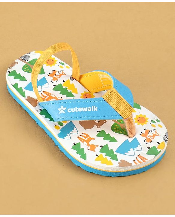 Cute Walk by Babyhug Flip Flops with Back Strap Closure & Jungle Safari Theme Print - Blue