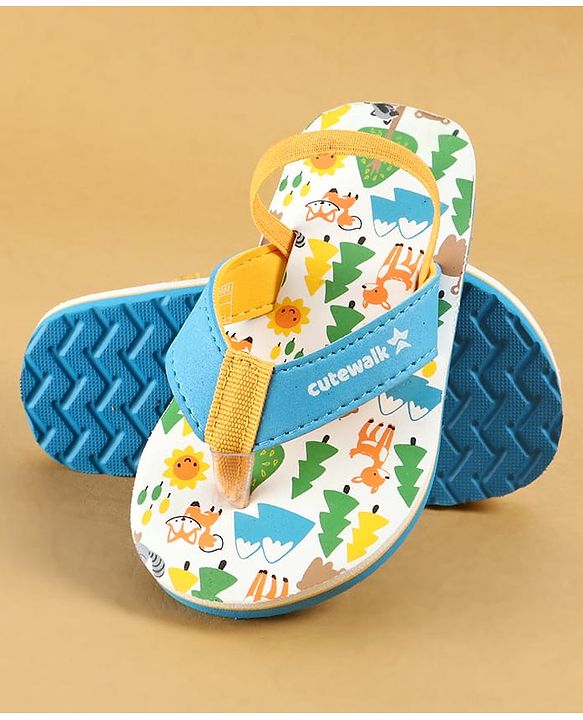 Cute Walk by Babyhug Flip Flops with Back Strap Closure & Jungle Safari Theme Print - Blue