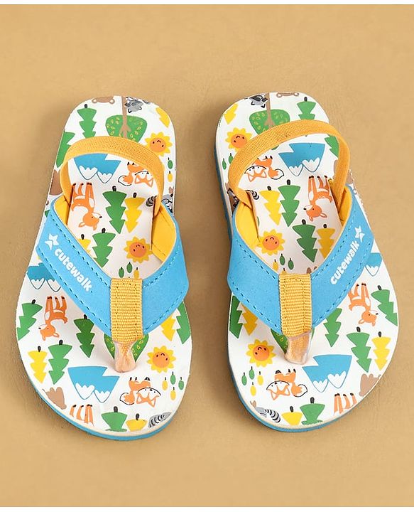 Cute Walk by Babyhug Flip Flops with Back Strap Closure & Jungle Safari Theme Print - Blue