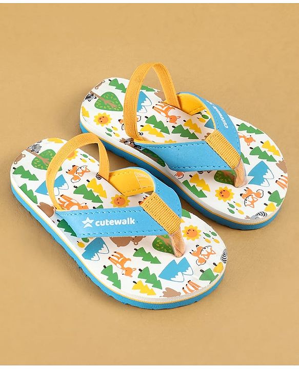Cute Walk by Babyhug Flip Flops with Back Strap Closure & Jungle Safari Theme Print - Blue