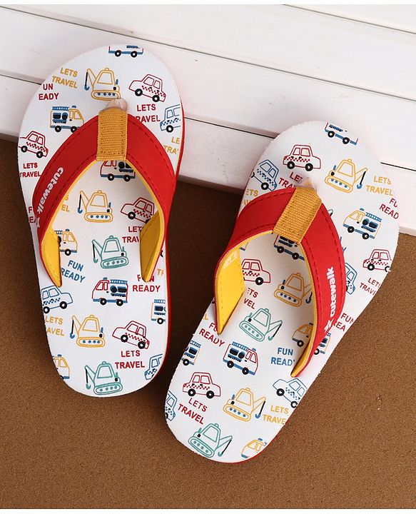 Cute Walk by Babyhug Flip Flops With Vehicle Print - White