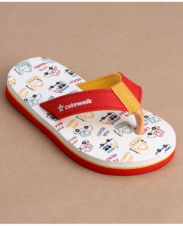 Cute Walk by Babyhug Flip Flops With Vehicle Print - White