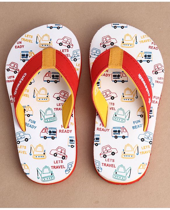 Cute Walk by Babyhug Flip Flops With Vehicle Print - White