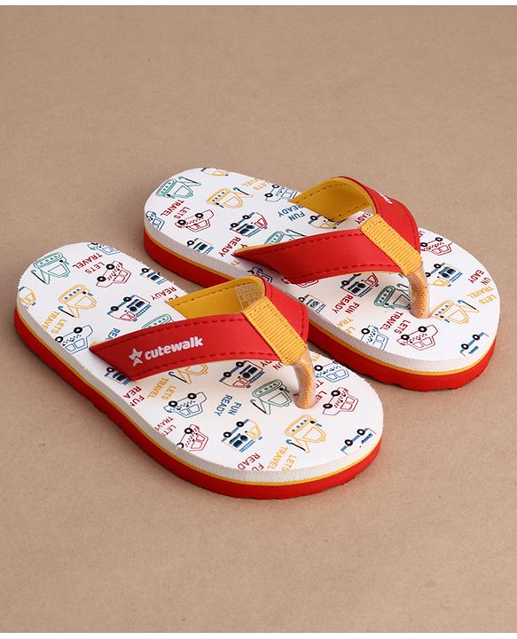 Cute Walk by Babyhug Flip Flops With Vehicle Print - White