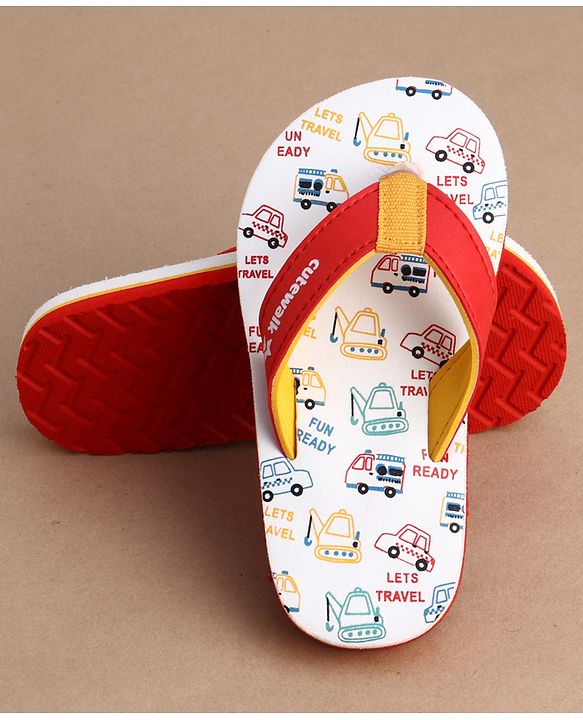 Cute Walk by Babyhug Flip Flops With Vehicle Print - White